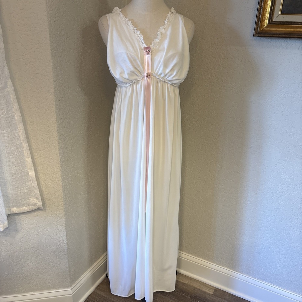 Vtg Figurettes Bridal Long Sleeveless Nightgown Nylon Peignoir White Pink Lace
